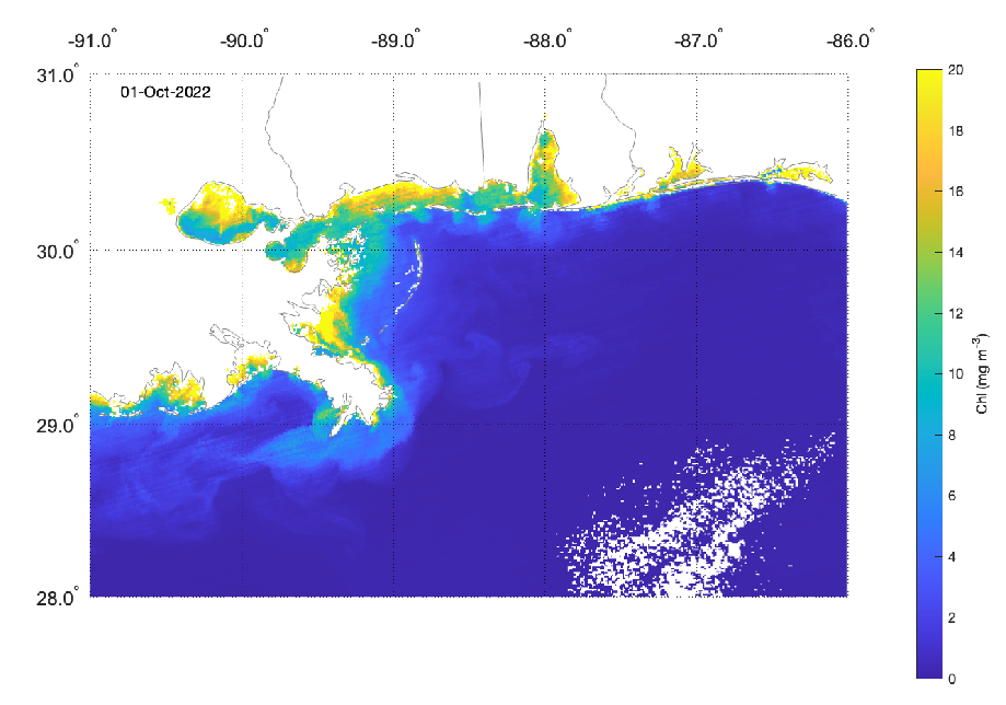 Satellite-derived phytoplankton biomass measured as chlorophyll (Chl) from the NASA VIIRS instrument. High concentrations are observed in the coastal region and are the basis for the high productivity in this region named as the ‘fertile crescent’ due it its fisheries productivity. Note the large river plumes off the Mississippi River birdsfoot delta and the other smaller river systems in the northern Gulf. The VIIRS satellite provides global scale data on a daily basis.